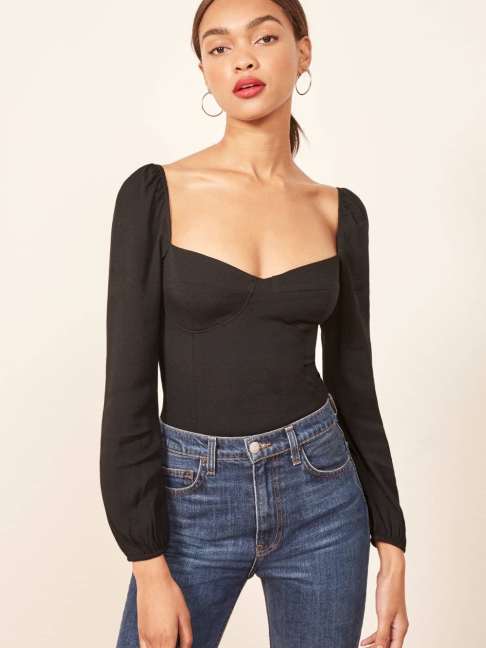 Reformation Black Sweetheart Long-Sleeve Bodysuit